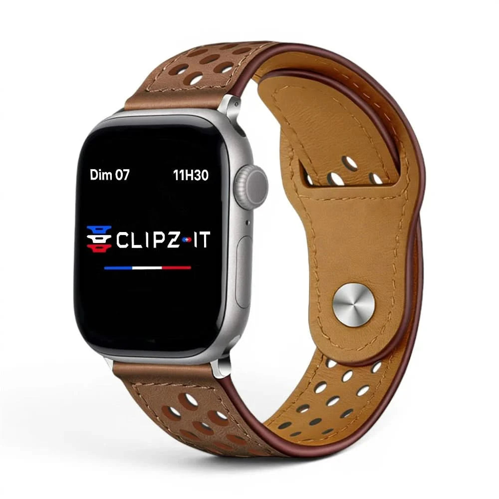Bracelet Zephyr cuir sportif léger marron, vue de face - Apple Watch | Clipz-it