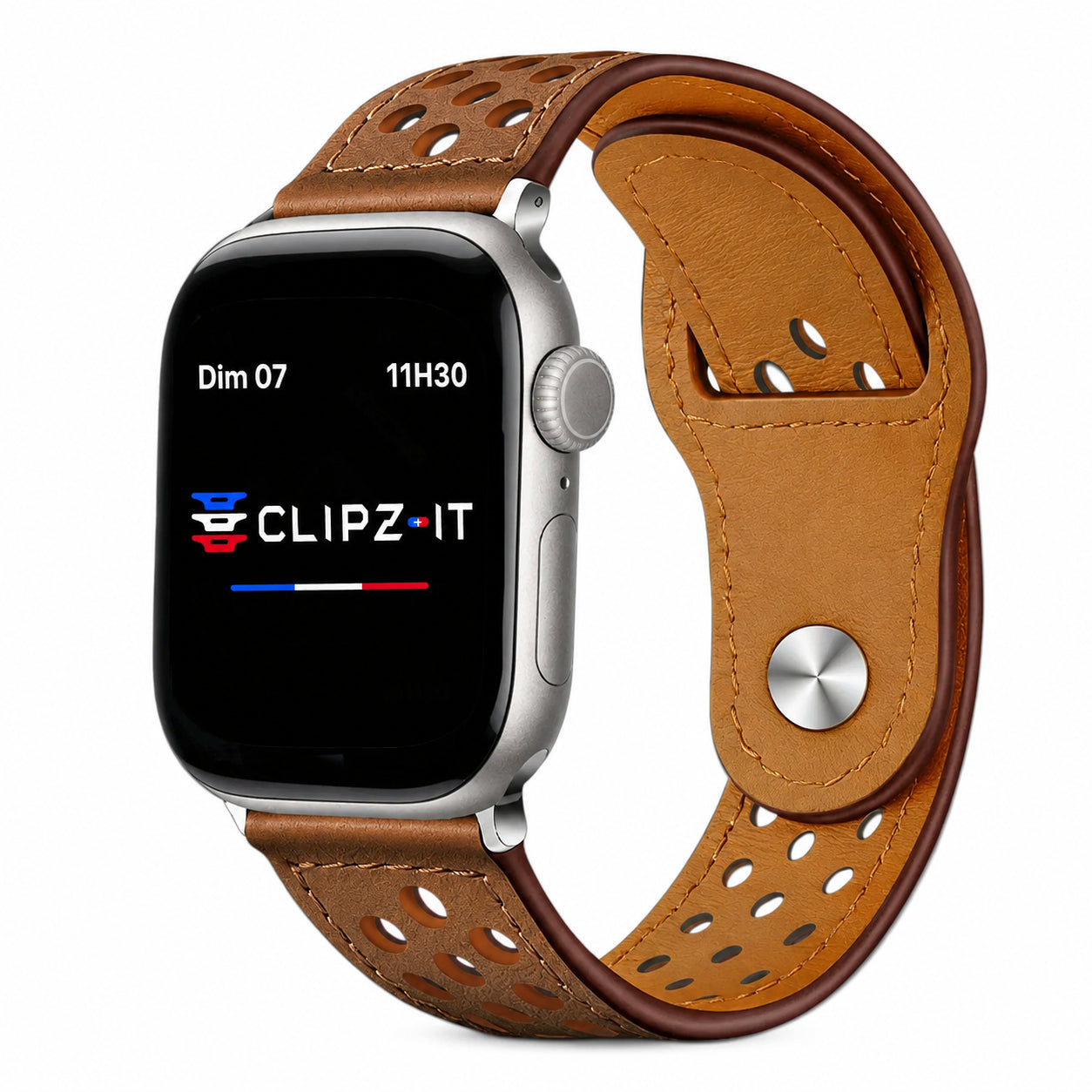 Bracelet Zephyr cuir sportif léger marron, vue de face - Apple Watch | Clipz-it