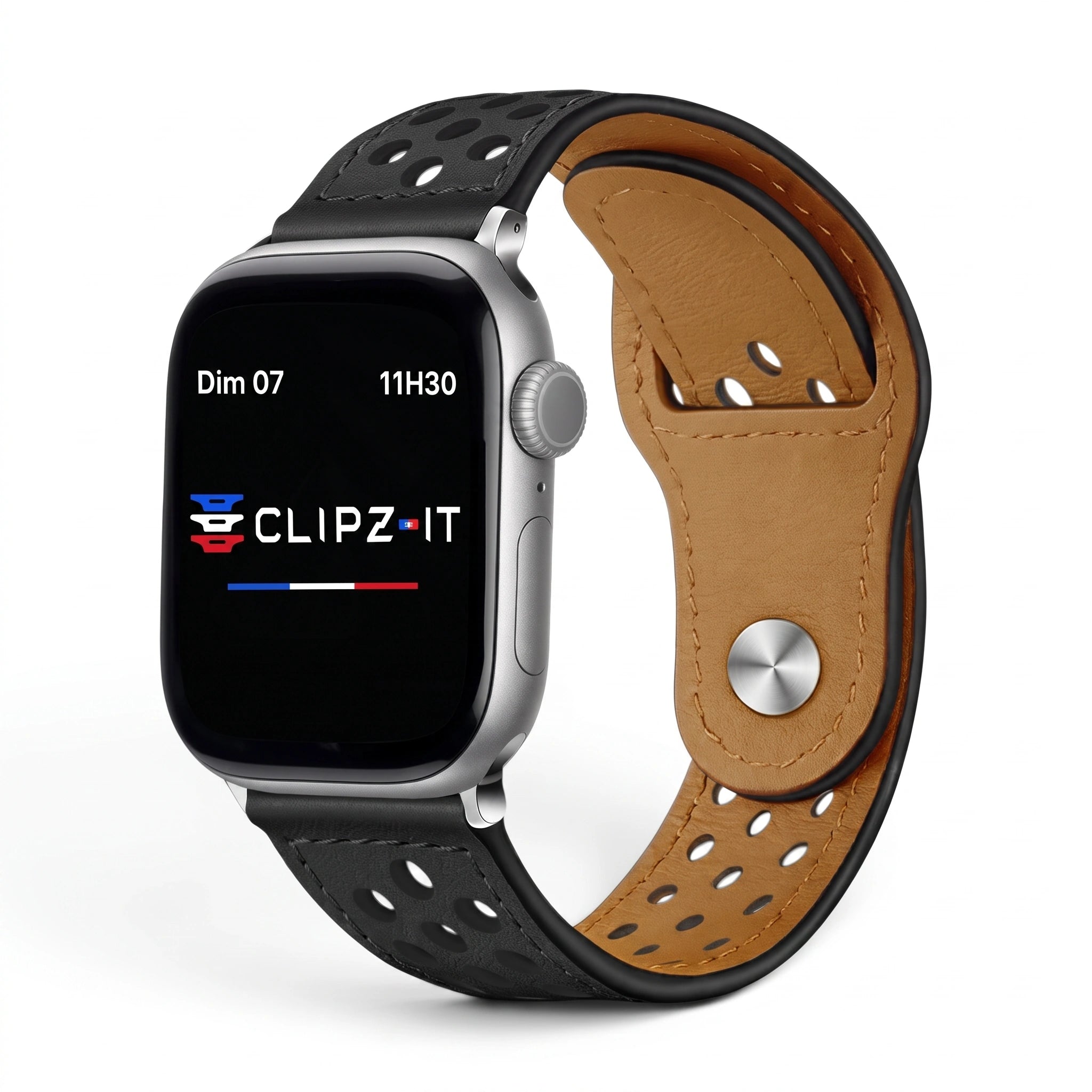 Bracelet Zephyr cuir sportif léger noir, vue de face - Apple Watch | Clipz-it