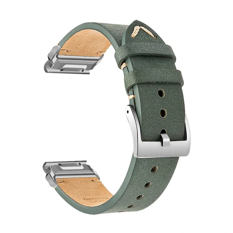 Brindille nubuck cowhide leather strap, sage green, brushed buckle, side view - Garmin QuickFit 20mm