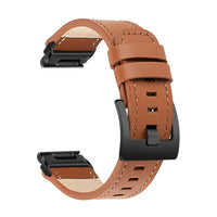 Cordonnet strap, cowhide leather, visible stitching, camel smooth, matte buckle, side view - Garmin QuickFit 20mm