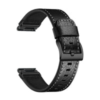 Cordonnet strap, cowhide leather, visible stitching, black grained, matte buckle, side view - Garmin QuickFit 20mm
