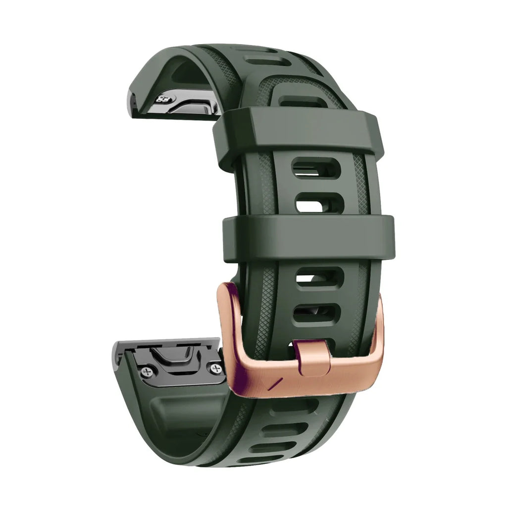 Cinturino Rosée in silicone vert militaire, vista di profilo - Garmin QuickFit 20 mm