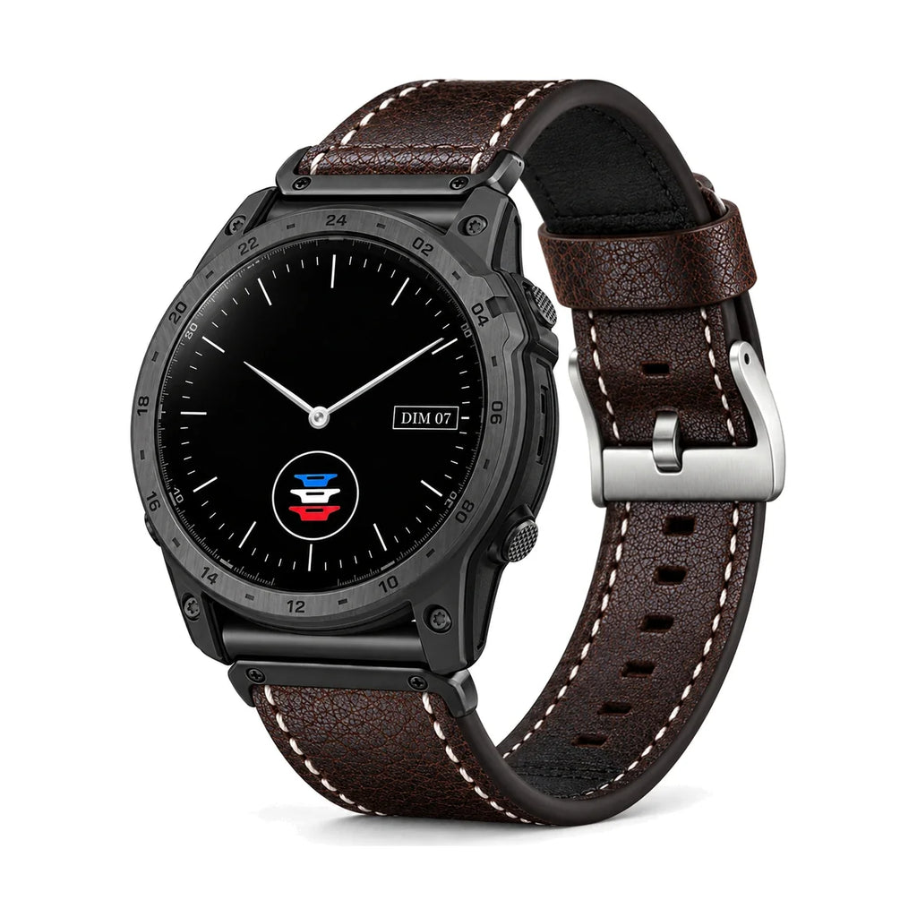 Tannerie odinė laikrodžio apyrankė, kavos, grūdėta siūta, šepetuota sagtis, vaizdas iš priekio - Garmin QuickFit 20 mm