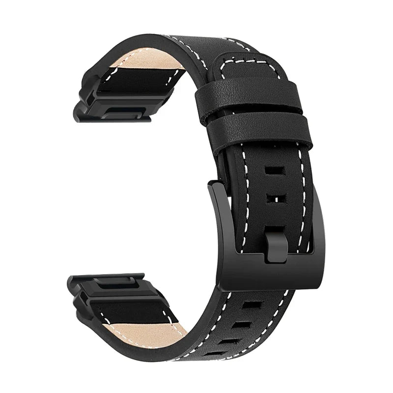 Tannerie odinė laikrodžio apyrankė, juoda, lygi, matinė sagtis, vaizdas iš šono - Garmin QuickFit 20 mm