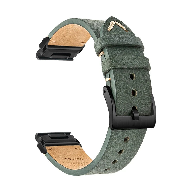 Tannerie odinė laikrodžio apyrankė, šalavijų žalia, aksominė, matinė sagtis, vaizdas iš šono - Garmin QuickFit 20 mm