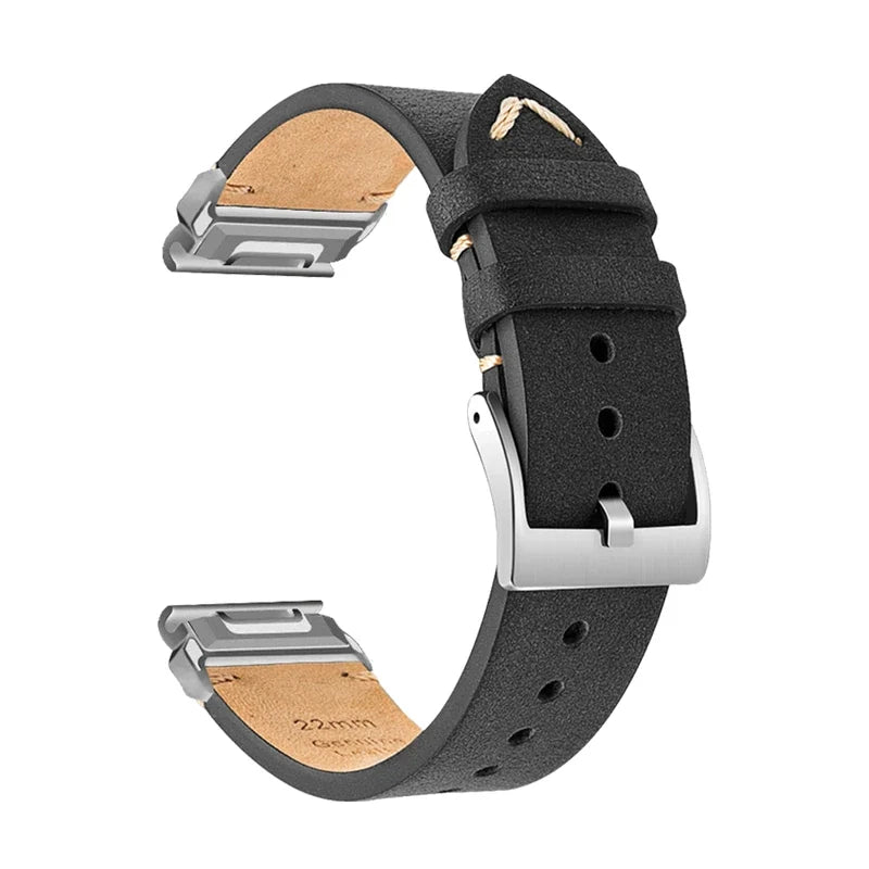 Brindille strap, black nubuck cowhide leather, brushed buckle, side view - Garmin QuickFit 22mm