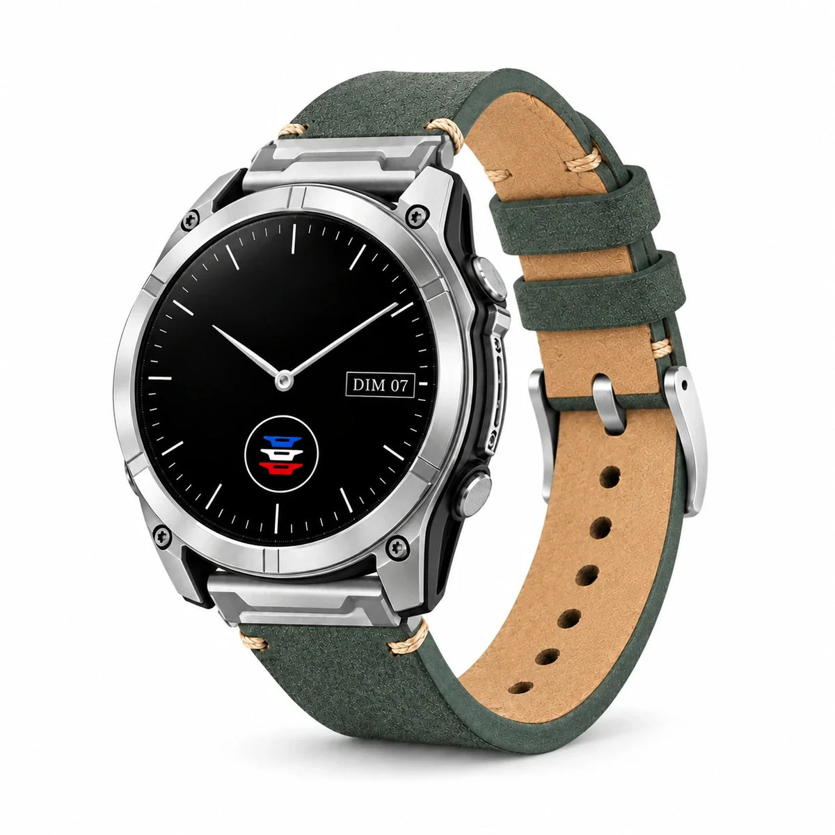 Brindille strap, sage green nubuck cowhide leather, brushed buckle, front view - Garmin QuickFit 22mm