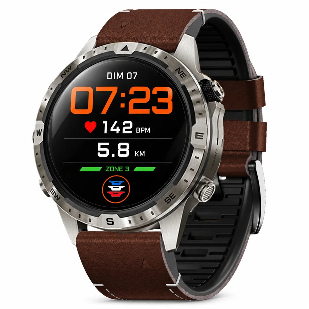 Cinturino Galon in pelle ibrida café, vista frontale - Garmin QuickFit 22 mm