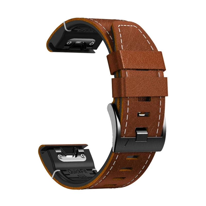 Cinturino Galon in pelle ibrida cognac, vista di profilo - Garmin QuickFit 22 mm