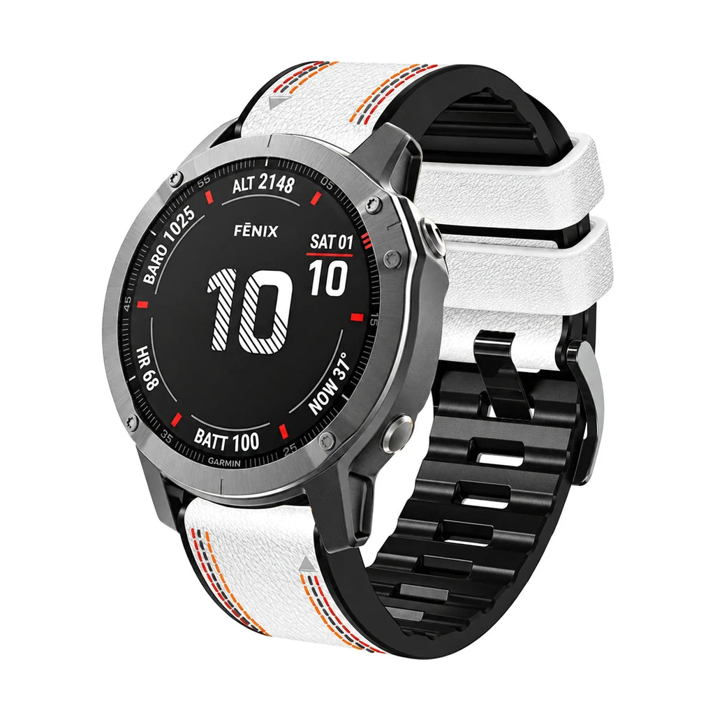 Bracelet Safran cuir et silicone blanc, vue de face - Garmin QuickFit 22mm