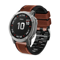 Bracelet Safran cuir et silicone café, vue de face - Garmin QuickFit 22mm