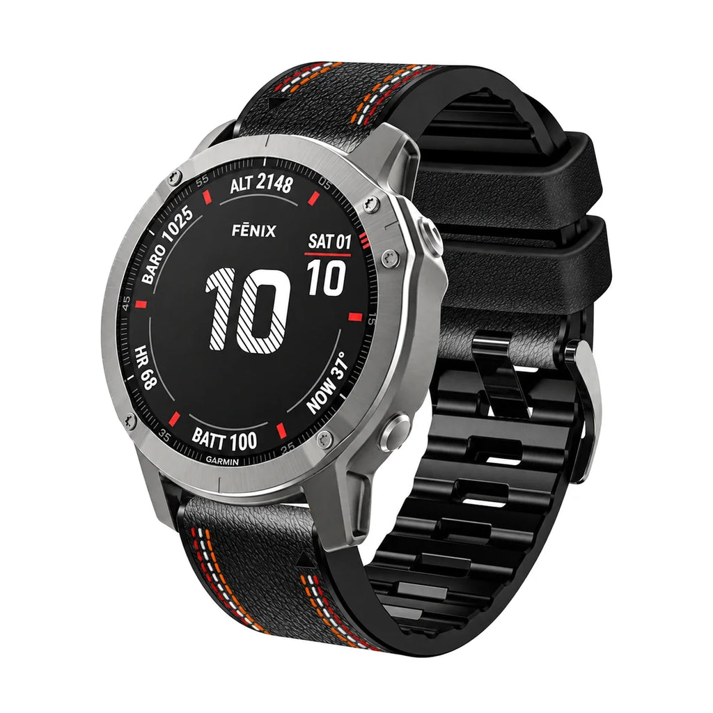 Bracelet Safran cuir et silicone noir, vue de face - Garmin QuickFit 22mm