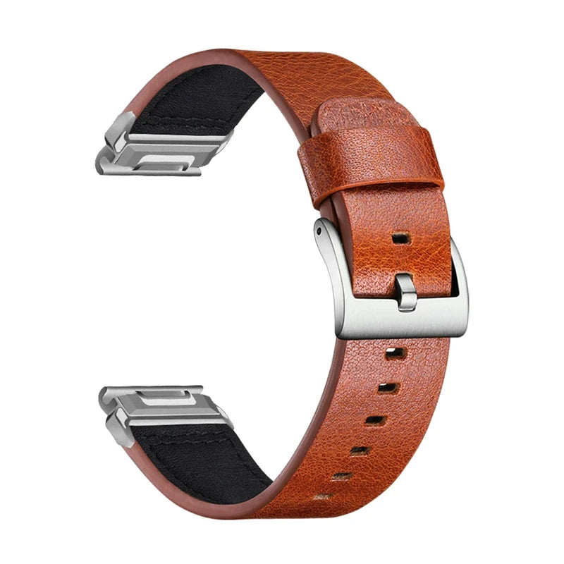 Tannerie odinė laikrodžio apyrankė, konjako, grūdėta, šepetuota sagtis, vaizdas iš šono - Garmin QuickFit 22 mm