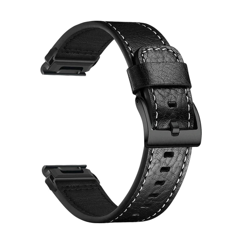 Tannerie odinė laikrodžio apyrankė, juoda, grūdėta siūta, matinė sagtis, vaizdas iš šono - Garmin QuickFit 22 mm