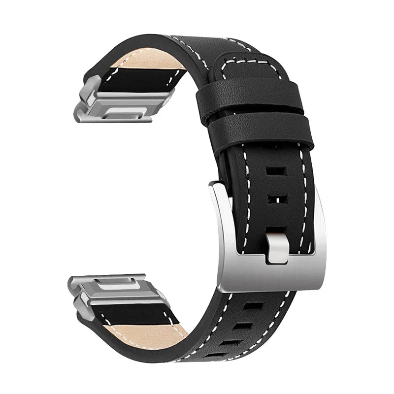 Tannerie odinė laikrodžio apyrankė, juoda, lygi, šepetuota sagtis, vaizdas iš šono - Garmin QuickFit 22 mm