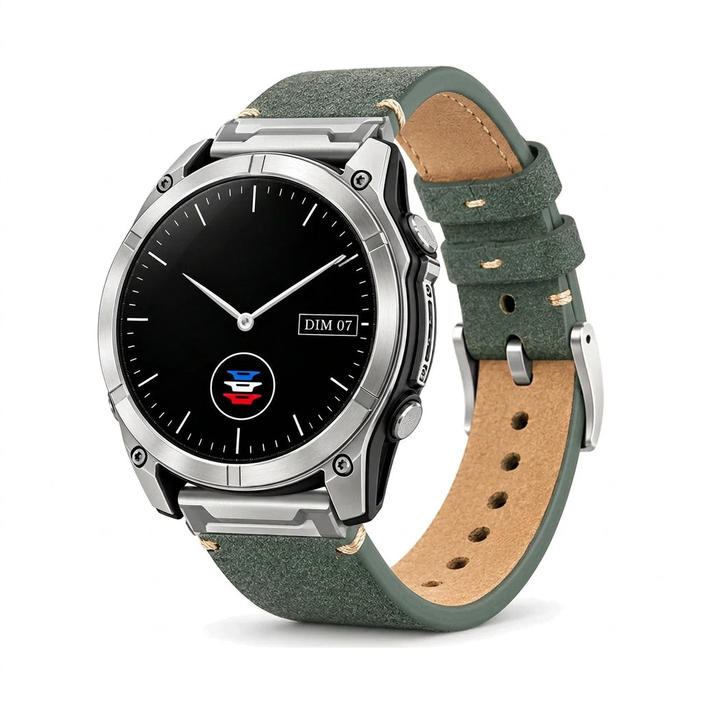Tannerie odinė laikrodžio apyrankė, šalavijų žalia, aksominė, šepetuota sagtis, vaizdas iš priekio - Garmin QuickFit 22 mm