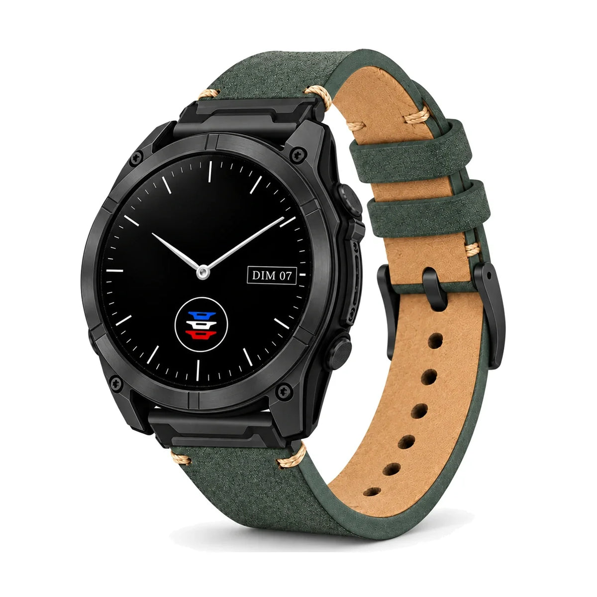 Bracelet Brindille cuir de vache nubuck vert sauge, boucle mate, vue de face montée - Garmin QuickFit 26mm