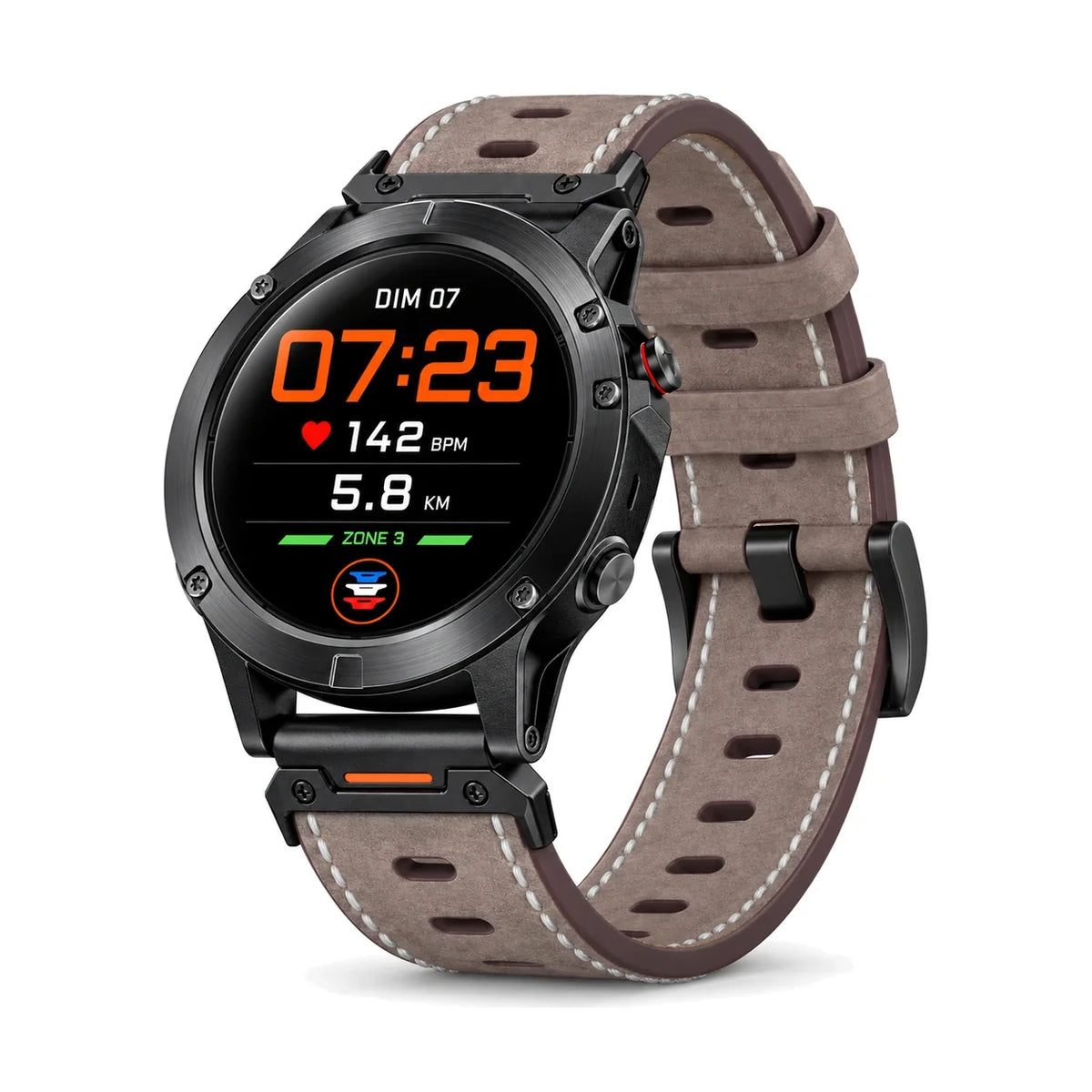 Bracelet Brise cuir perforé taupe, vue de face - Garmin QuickFit 26mm