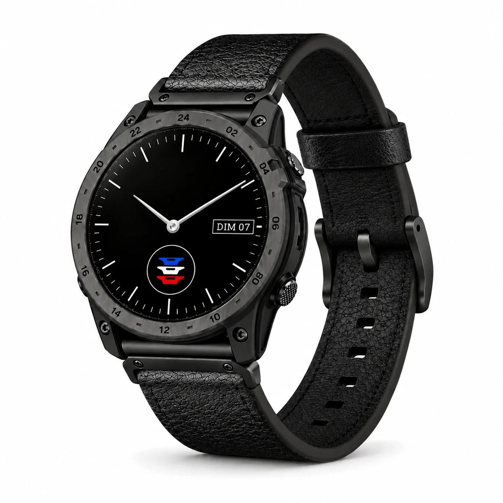 Galet strap, black grained cowhide leather, matte buckle, front view - Garmin QuickFit 26mm