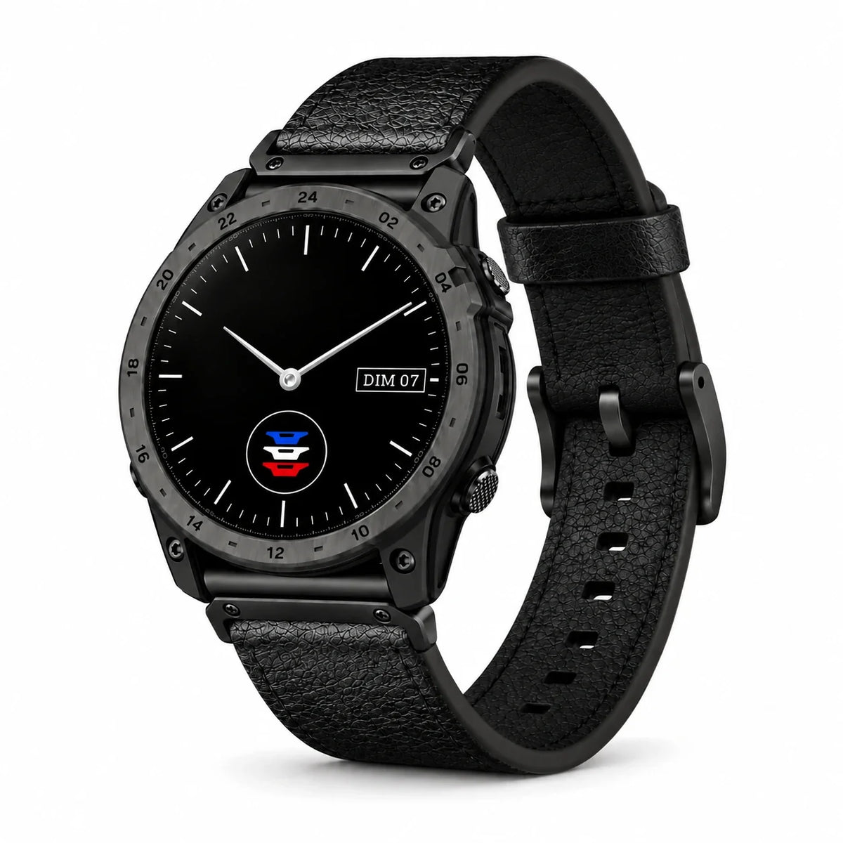 Galet strap, black grained cowhide leather, matte buckle, front view - Garmin QuickFit 26mm