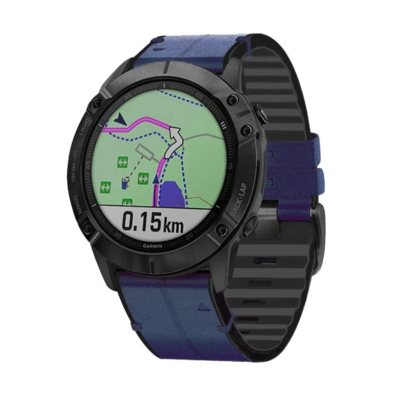 Cinturino Liseré in pelle ibrida blu notte, vista frontale - Garmin QuickFit 26 mm
