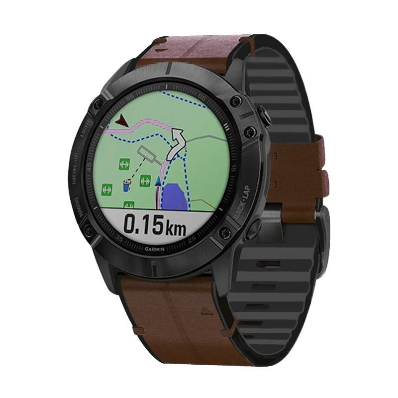 Cinturino Liseré in pelle ibrida caffè, vista frontale - Garmin QuickFit 26 mm