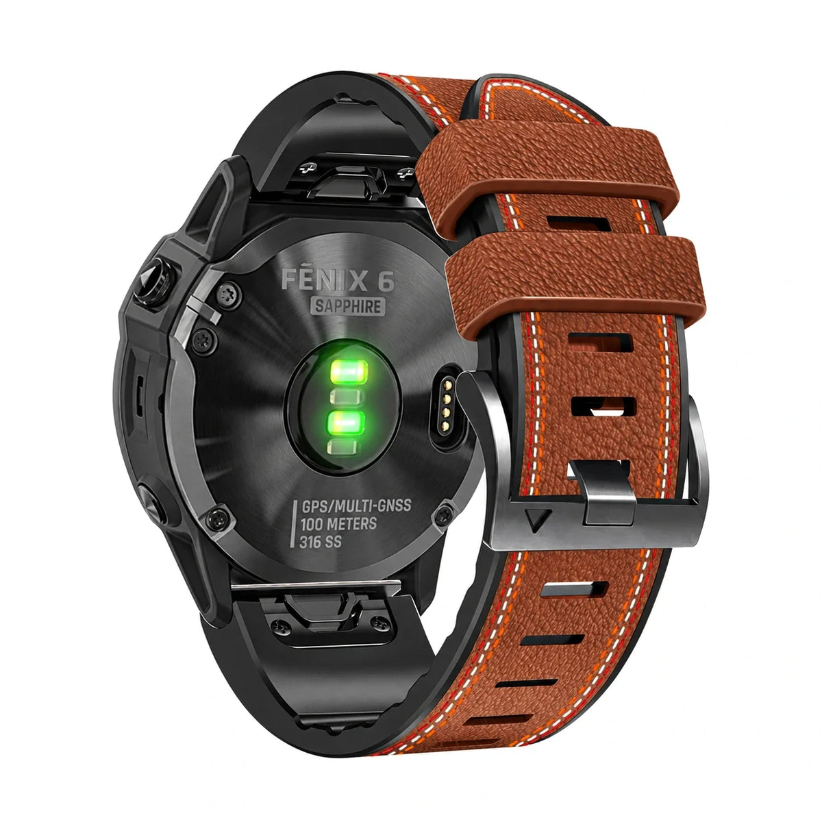 Bracelet Safran cuir et silicone marron, vue de dos - Garmin QuickFit 26mm