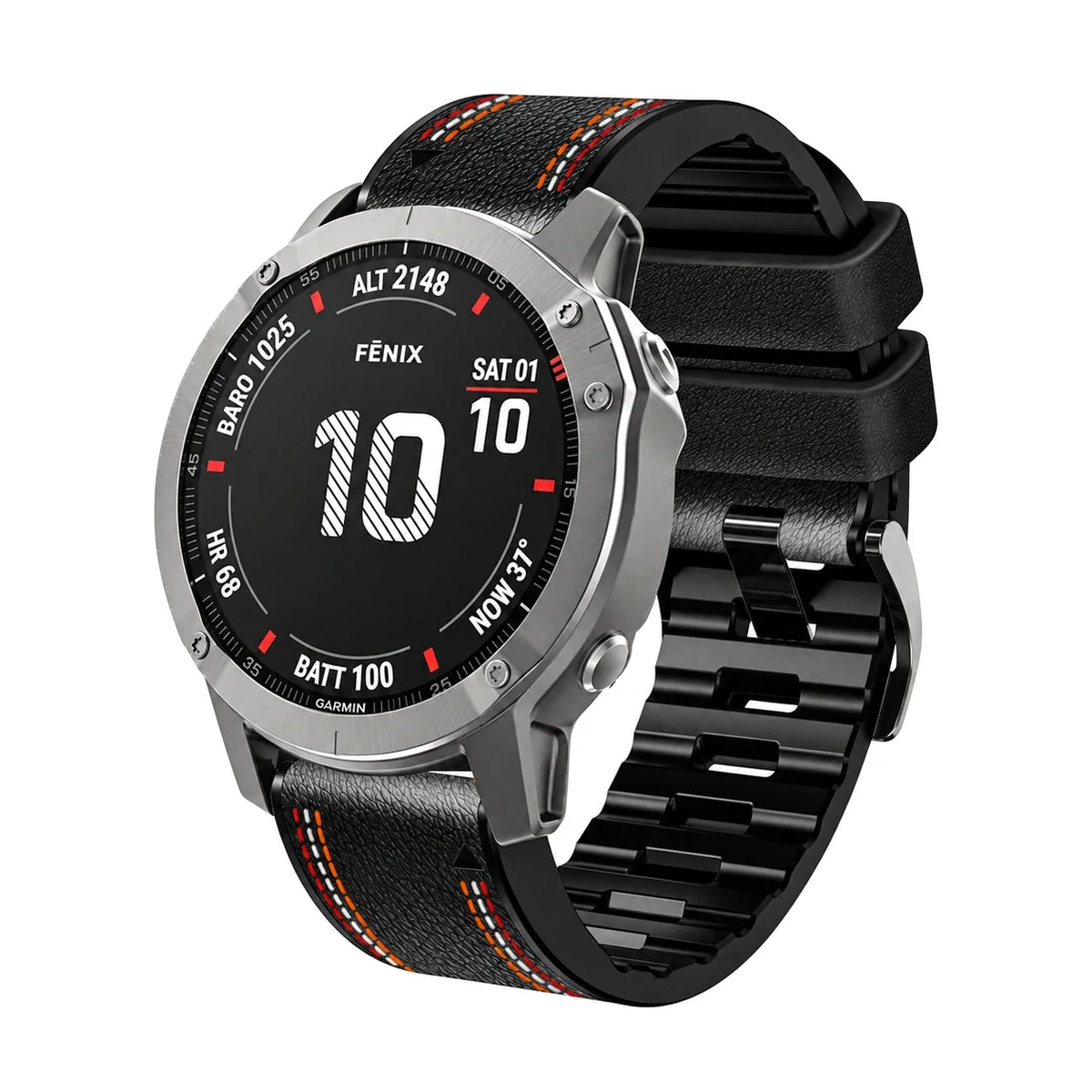 Bracelet Safran cuir et silicone noir, vue de face - Garmin QuickFit 26mm