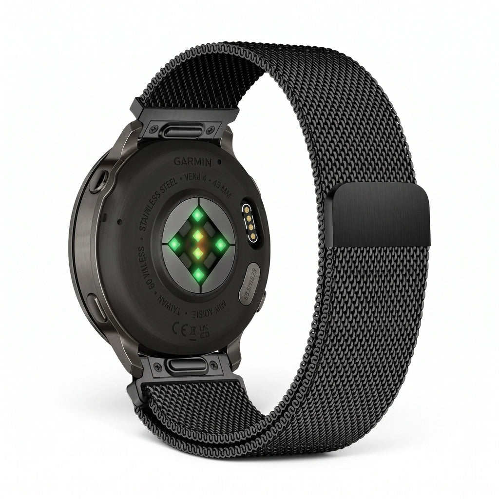 Urrem Alvéole milanese i rustfrit stål, sort, set forfra 2 - Garmin Quick Release 18 mm | Clipz-it