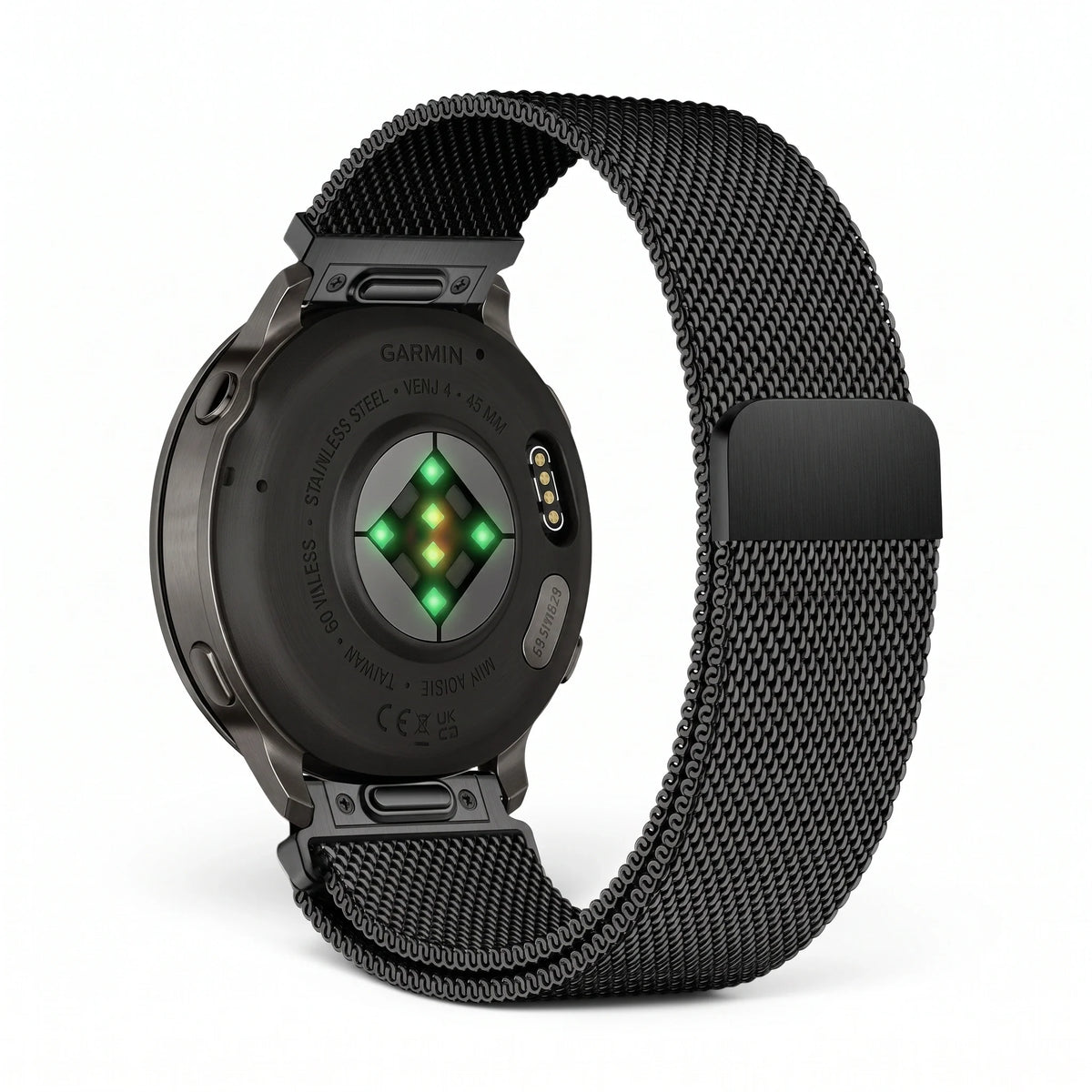 Urrem Alvéole milanese i rustfrit stål, sort, set forfra 2 - Garmin Quick Release 18 mm | Clipz-it