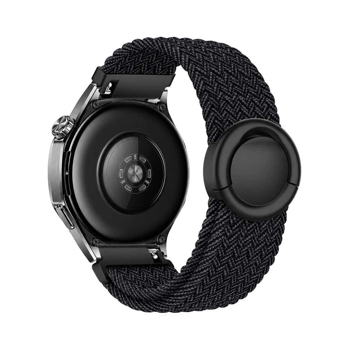 Natte flätat nylonarmband, noir chiné, sett bakifrån - Garmin snabbfäste 18 mm