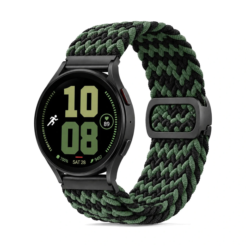 Natte flätat nylonarmband, noir et vert, sett framifrån - Garmin snabbfäste 18 mm