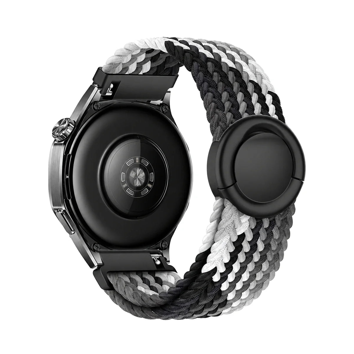 Natte flätat nylonarmband, noir, gris et blanc, sett bakifrån - Garmin snabbfäste 18 mm