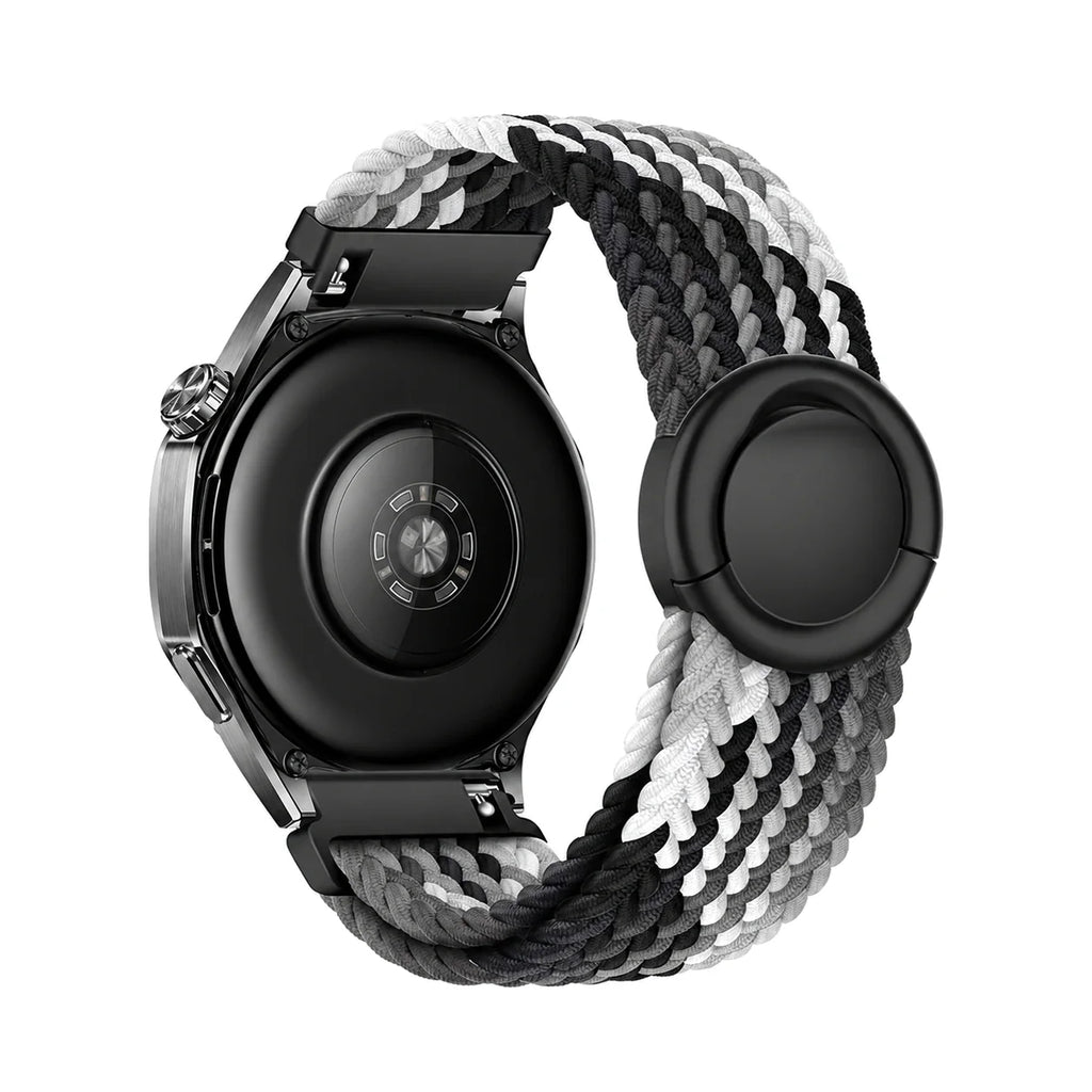 Natte flätat nylonarmband, noir, gris et blanc, sett bakifrån - Garmin snabbfäste 20 mm