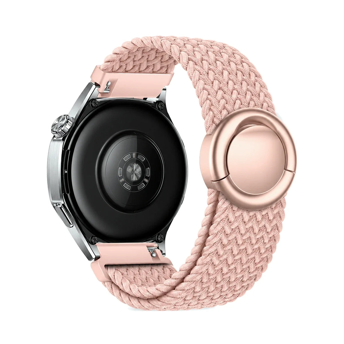 Natte flätat nylonarmband, rose poudré, sett bakifrån - Garmin snabbfäste 20 mm