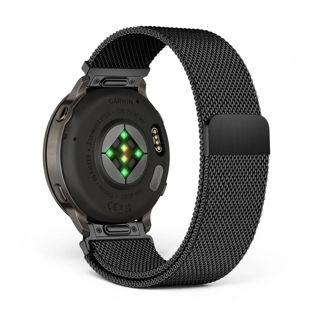 Bracelet Alvéole milanais acier noir, vue de face 2 - Garmin Quick Release 22mm | Clipz-it
