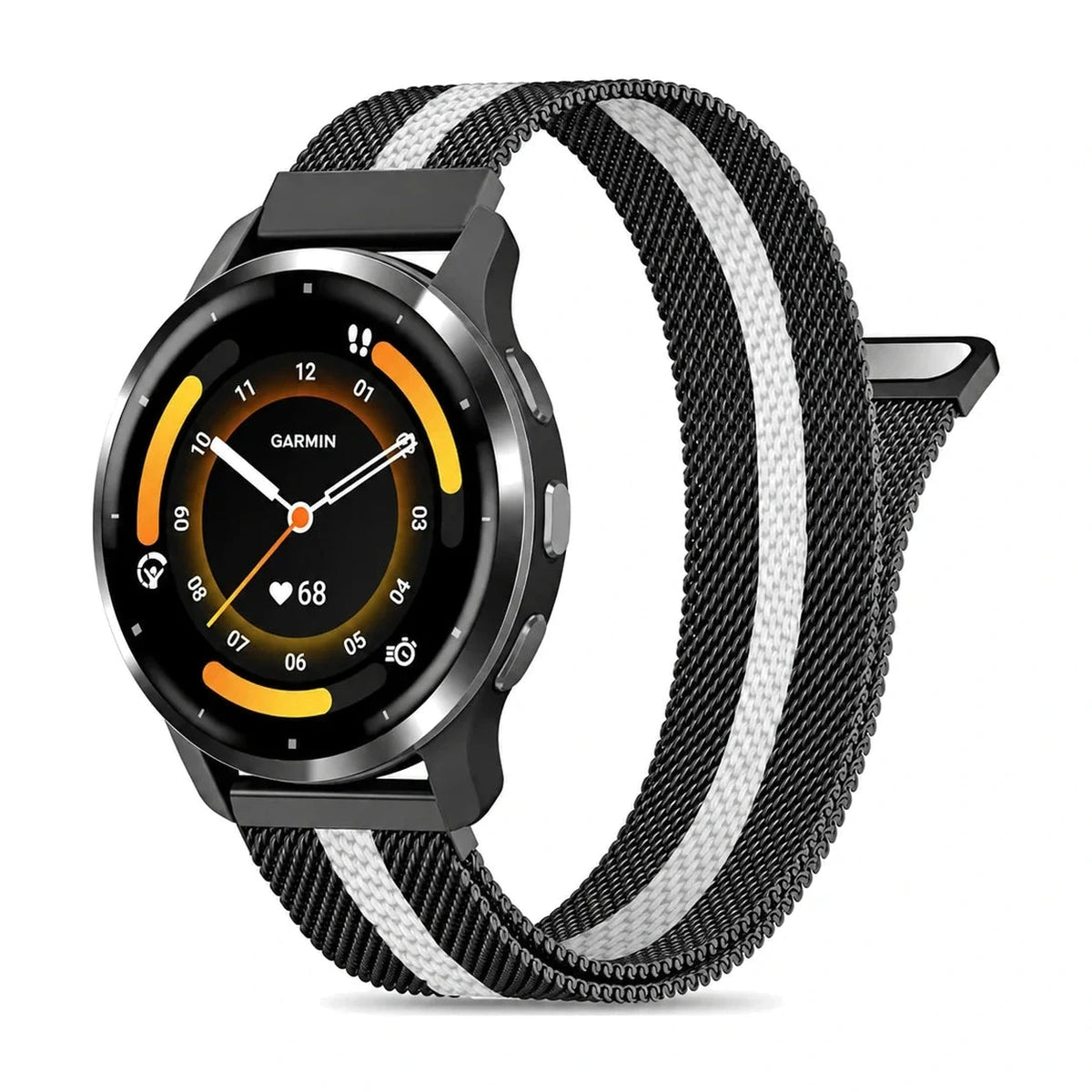 Bracelete Fantaisie em malha milanesa preta com rebordo branco, vista de frente - Garmin de libertação rápida 22 mm