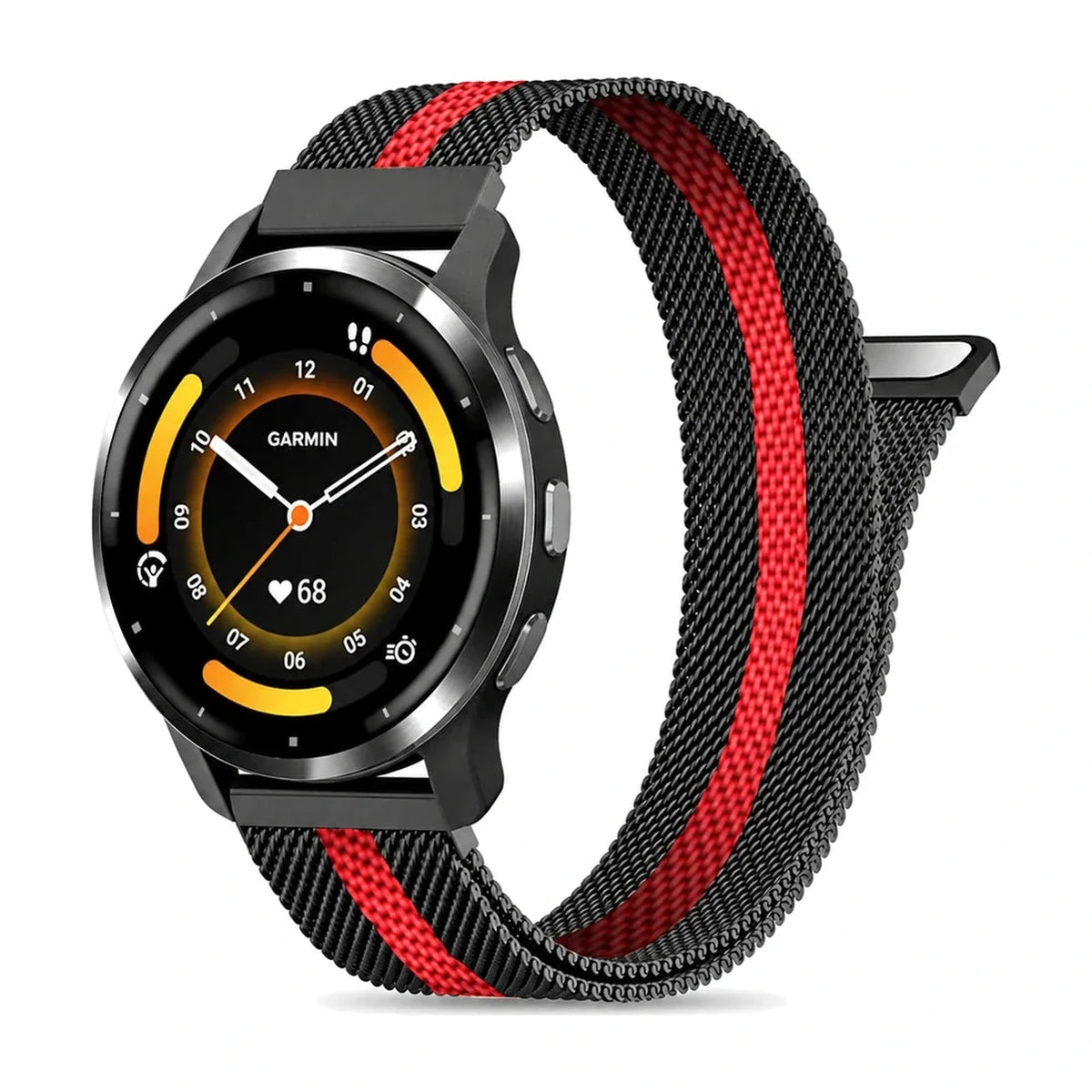 Bracelete Fantaisie em malha milanesa preta com rebordo vermelho, vista de frente - Garmin de libertação rápida 22 mm