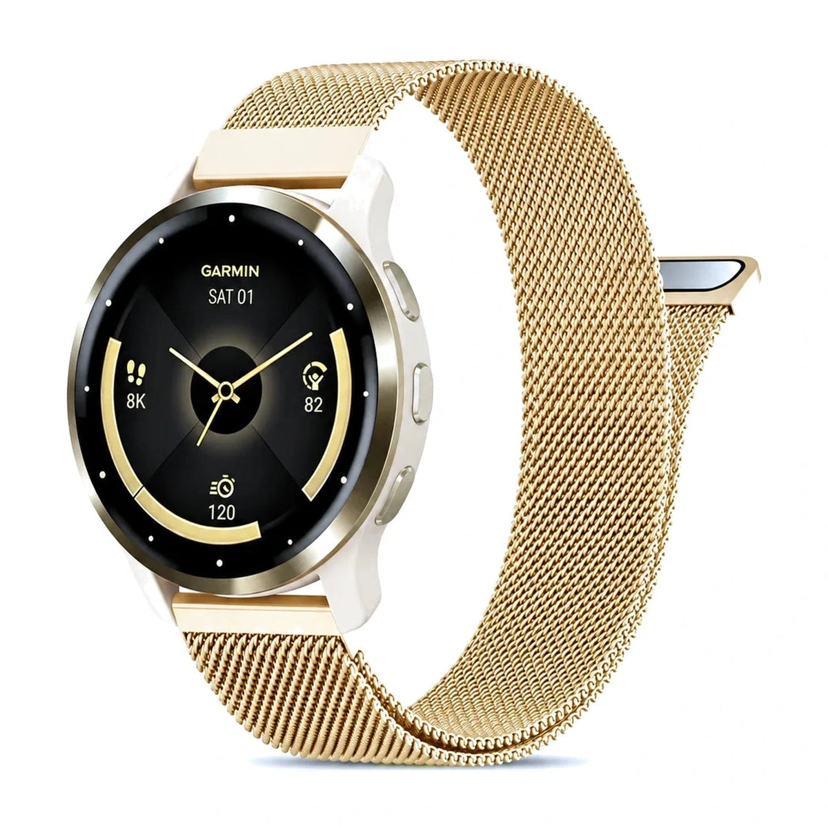 Bracelete Fantaisie em malha milanesa ouro champanhe, vista de frente - Garmin de libertação rápida 22 mm