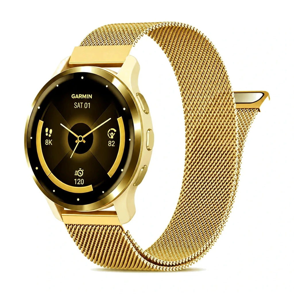 Bracelete Fantaisie em malha milanesa dourada, vista de frente - Garmin de libertação rápida 22 mm
