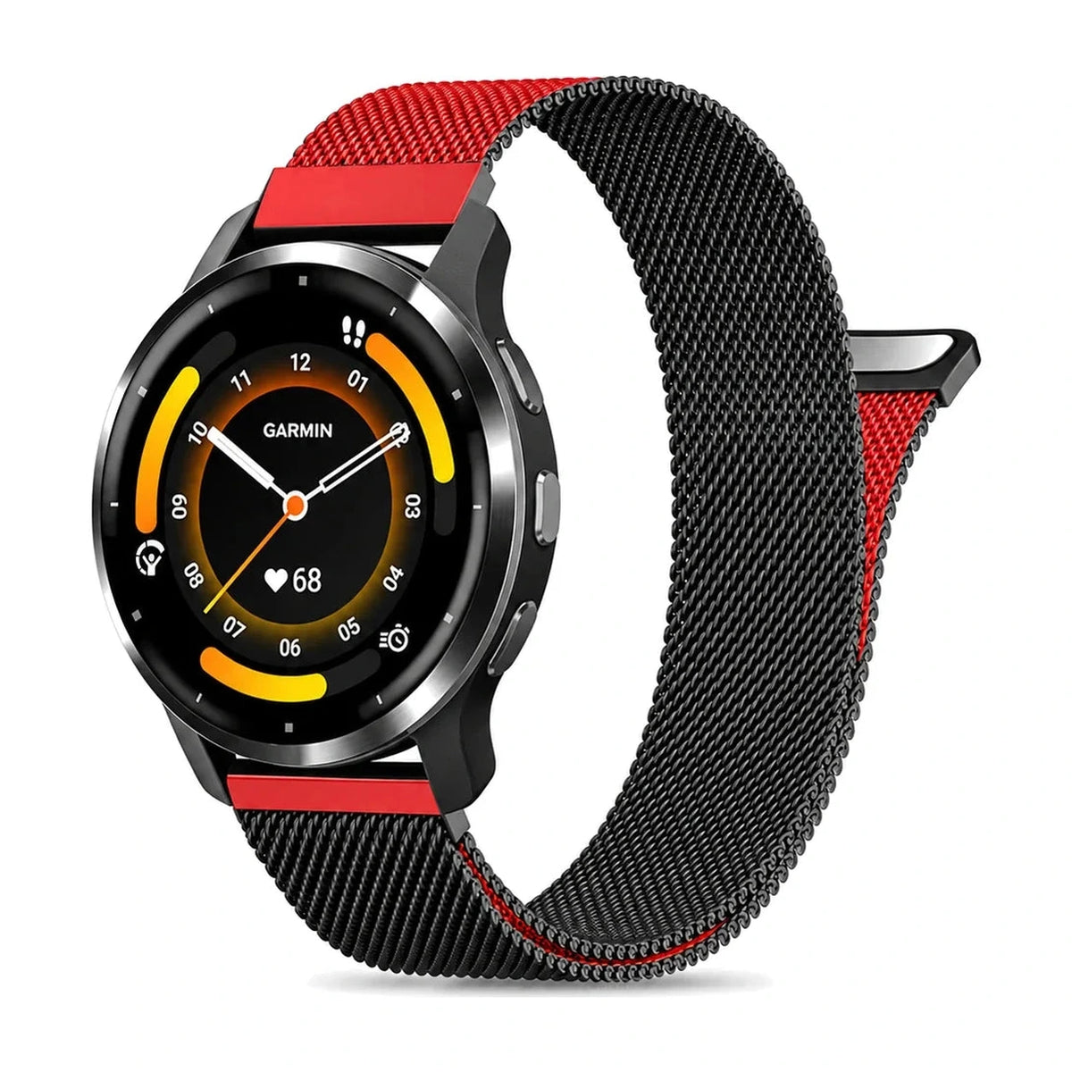 Bracelete Fantaisie em malha milanesa vermelha e preta, vista de frente - Garmin de libertação rápida 22 mm