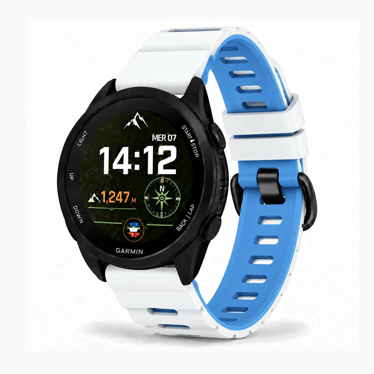 Bracelet Octave silicone bicolore bleu/blanc, vue de face - Garmin Quick-Release 22mm | Clipz-it