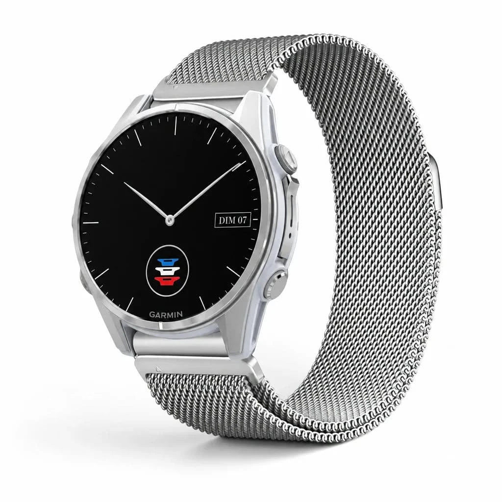 Bracelet Alvéole milanais acier argenté, vue de face - Garmin QuickFit 20mm | Clipz-it