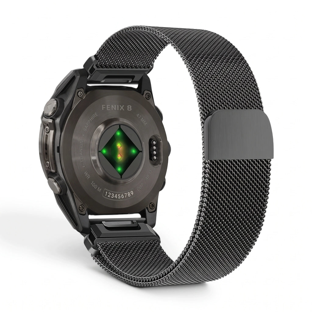 Bracelet Alvéole milanais acier noir, vue de dos - Garmin QuickFit 20mm | Clipz-it