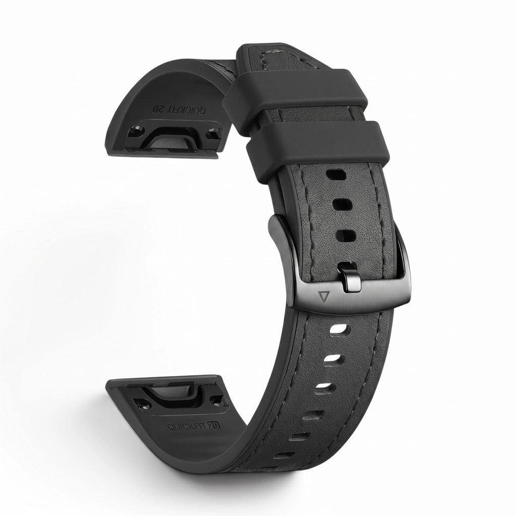 Bracelet DuoWeave cuir hybride noir, vue de profil - Garmin QuickFit 20mm | Clipz-it