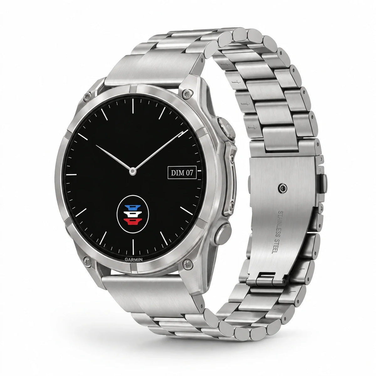 Bracelet Maillon acier inoxydable acier argenté, vue de face - Garmin QuickFit 20mm | Clipz-it