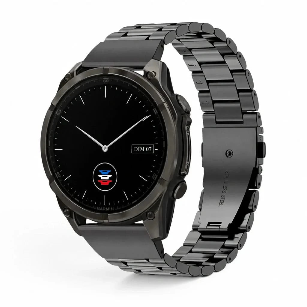 Bracelet Maillon acier inoxydable acier noir, vue de face - Garmin QuickFit 20mm | Clipz-it