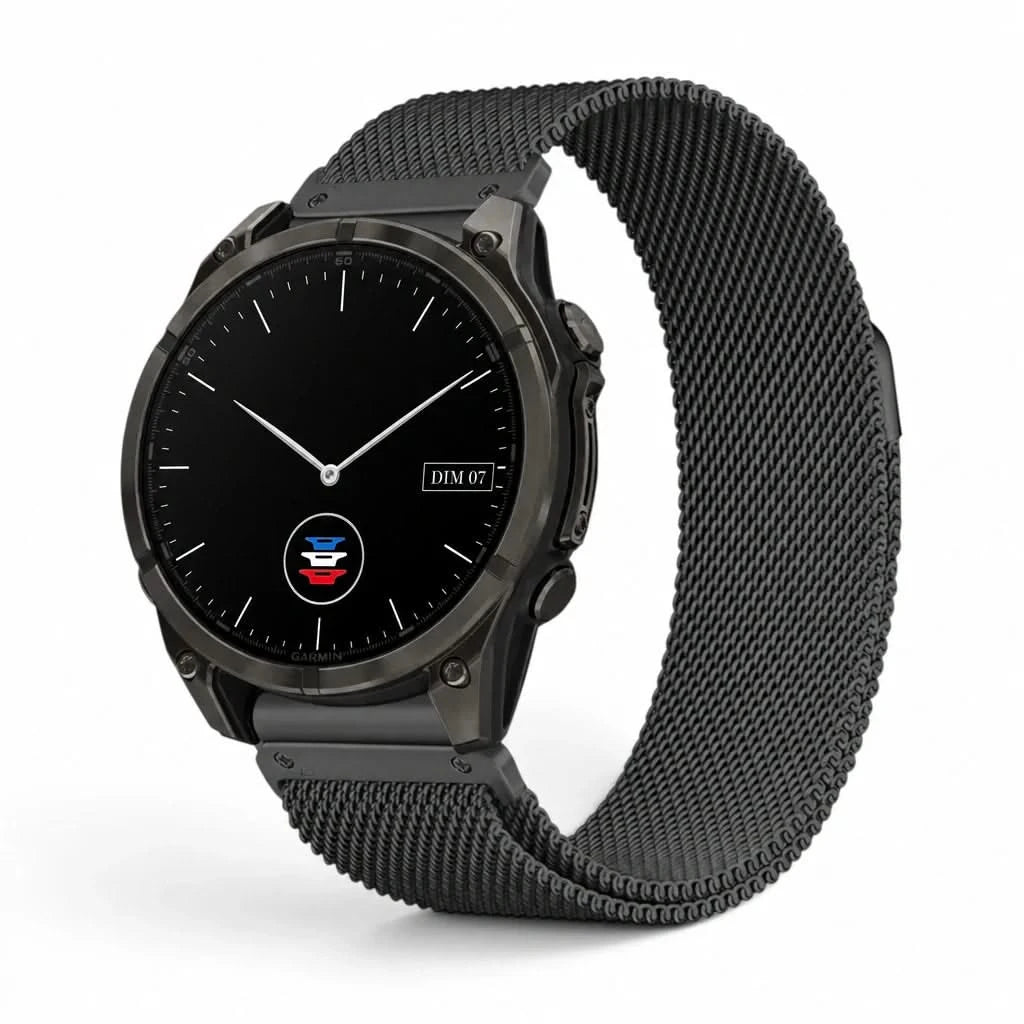 Bracelet Alvéole milanais acier noir, vue de face - Garmin QuickFit 22mm | Clipz-it