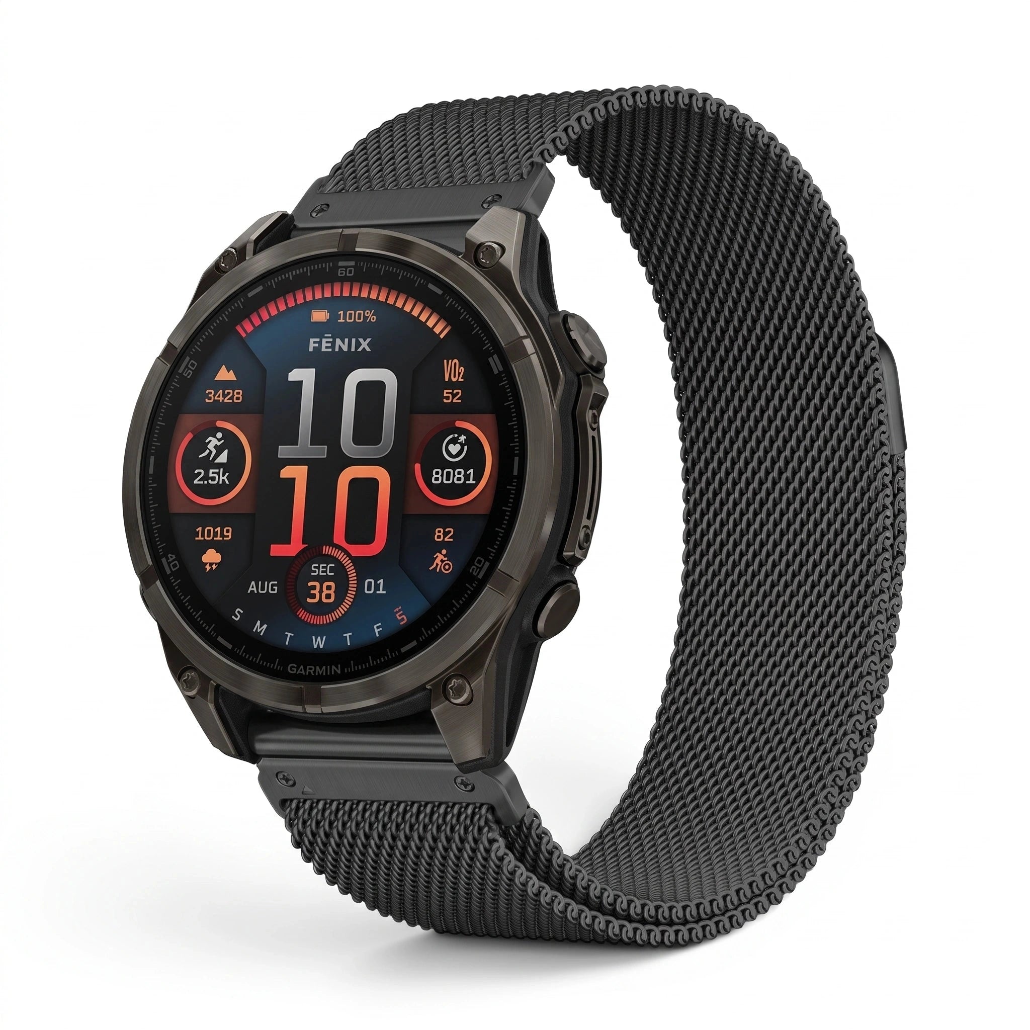 Bracelet Alvéole milanais acier noir, vue de face - Garmin QuickFit 22mm | Clipz-it